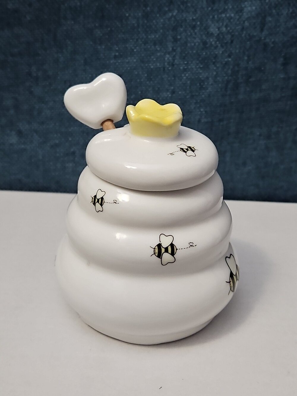 Mini Ceramic Beehive Honey Pot with Wooden Dipper | 3" Bee Theme Kitchen Decor - Picture 3 of 16